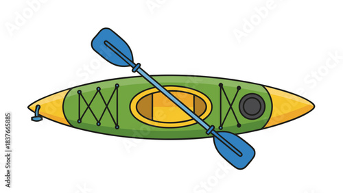 Top view of a green and yellow kayak with a blue oar on a black background stylized pixel art illustration of a kayak and paddle for water sports and adventure