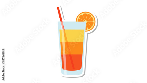 Tall glass filled with layered orange and red tropical cocktail drink with straw and orange slice garnish isolated on black background vibrant refreshing beverage