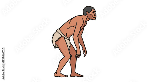 An illustration of a hunched early human wearing a simple loincloth on a white background
