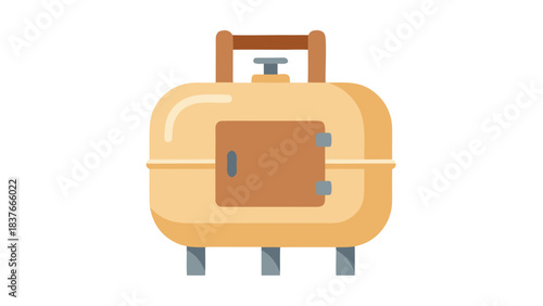 Tan Propane Tank With A Brown Door On Legs With A Silver Handle On Top Against A Black Background