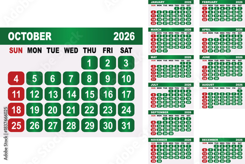 2026 Calendar Grid With October Highlighted And Monthly Overviews january february