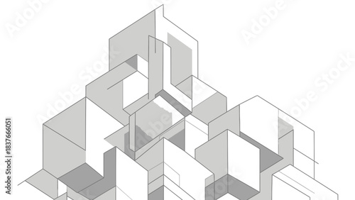 An isometric view of abstract architectural lines and block shapes, in white, light and dark gray, with white background