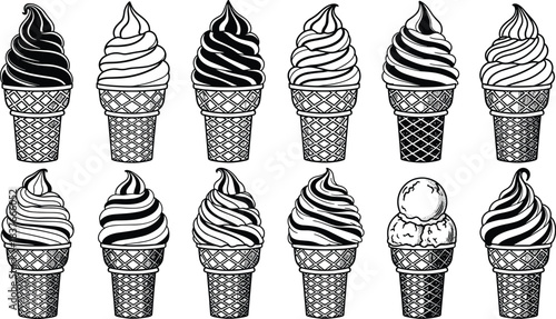 Set of black and white soft serve ice cream cones with swirl and scoop shapes in detailed line art and filled silhouette styles, isolated vector illustration on white.