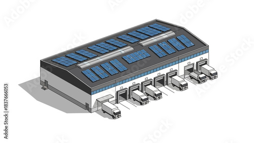 An isometric view of a grey warehouse with solar panels and trucks loading goods