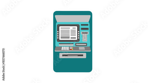 Teal and Gray Automated Teller Machine with Screen and Card Slot for Financial Transactions Isolated on Black Background