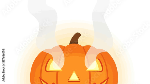 An orange jack-o'-lantern emits wisps of ghostly smoke with a soft, yellow glow on a white background