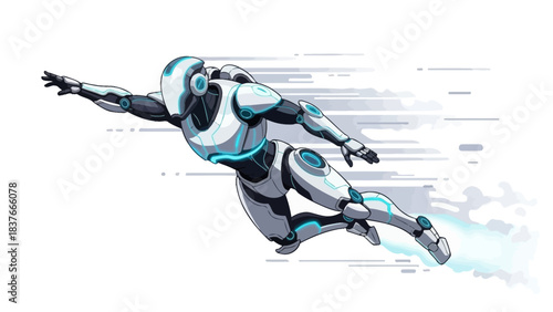 Animated robot figure in mid-flight, with thrusters and speed lines on white background
