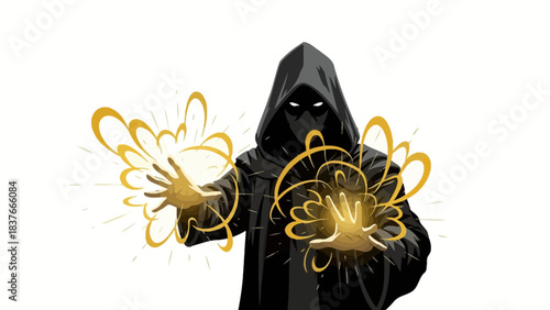 An ominous cloaked figure casts magic with golden energy emanating from both hands on a plain white background
