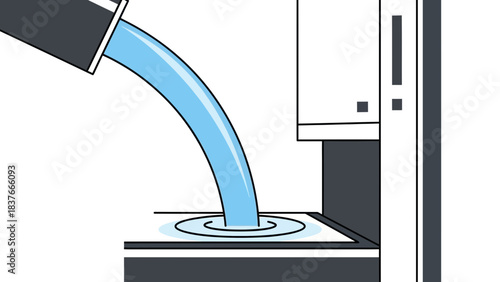 Animated water being poured into a container next to a white and dark grey machine-like object