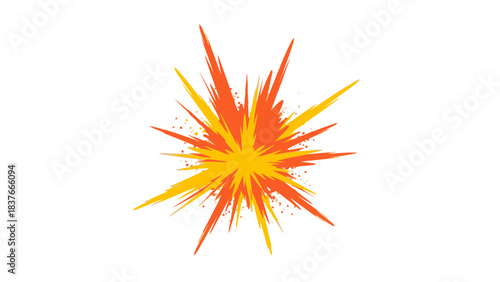 Abstract, radial burst of bright orange and yellow spikes, with scattered particles on a white background