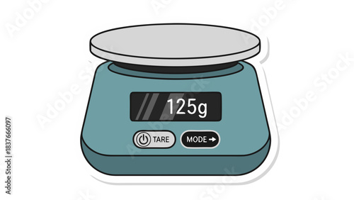 Teal Digital Kitchen Scale With Gray Round Platform Displaying 125g Weight Measurement And On Off Tare Buttons Against A White Background