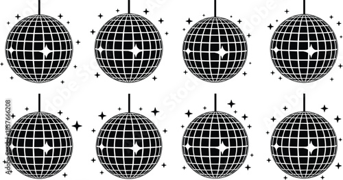 Set of black line art disco balls with square mirror tiles and sparkling star flashes, designed for retro dance, party, and nightclub decoration vector illustration on white.