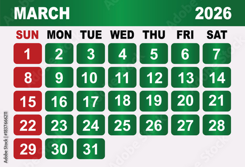 March 2026 Calendar Grid With Red Sundays And Green Weekdays planner
