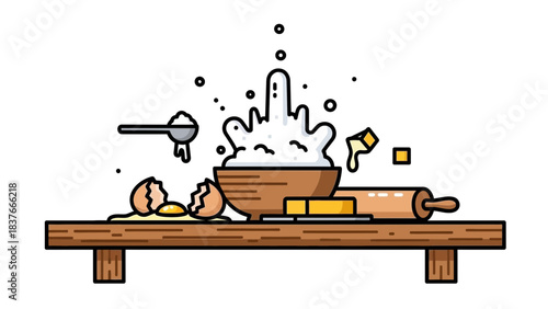 Baking prep cracked egg, flour splash, rolling pin, and butter cubes on a wooden counter, cartoon style