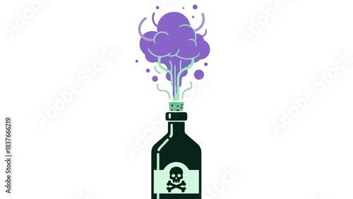A bottle with skull & crossbones emits purple vapor