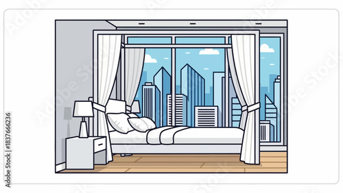 Bedroom view bed, curtains, lamp, nightstand overlooking urban city skylines beyond a window