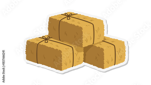 Three Stacked Rectangular Hay Bales Tied With Twine Isolated on White Background Agricultural Farm Harvest Countryside Rural Scene