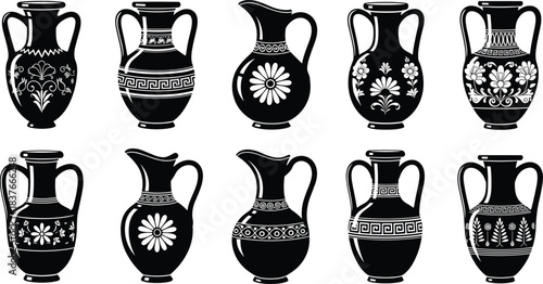 Set of black silhouette ancient Greek amphorae, jugs, and vases with traditional meander, floral, and geometric ornamental patterns, isolated vector illustration on white background.