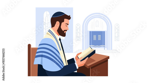 Bearded man with a kippah and tallit reading a book at a podium inside an archway building