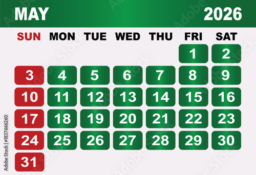 May 2026 Calendar Grid With Red Sundays And Green Weekdays planner