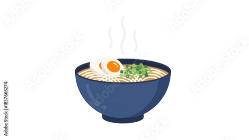A bowl of steaming ramen. Noodles, halved boiled eggs and green onions in dark blue bowl. Isolated, food illustration