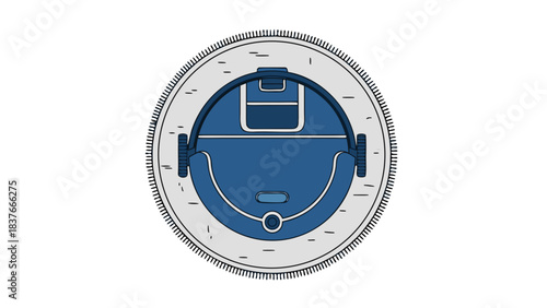 Top down view of a blue and grey robotic vacuum cleaner with a black background and white outline detailing its circular shape and cleaning brushes on its sides