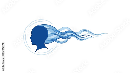 Blue silhouette of a head with flowing, wavy forms extending outward, encircled by light blue partial rings