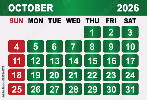 October 2026 Calendar Grid With Red Sundays And Green Weekdays month