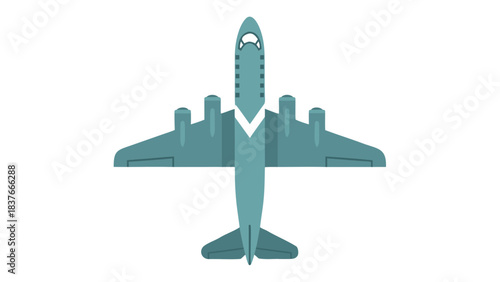 Top Down View of a Teal Four Engine Airplane with a White V Emblem on a Black Background