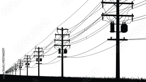 Electric utility poles silhouettes with tangled wires and transformers lining a grassy rural highway disappearing into the distance, representing power, infrastructure, and communication.