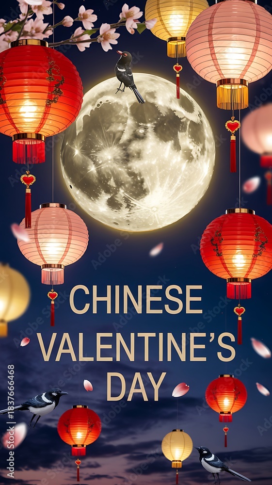 Obraz premium Romantic Chinese Valentine’s Day Celebration with Lanterns and Full Moon Illustration