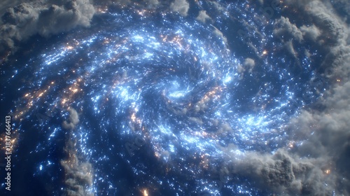 Abstract Swirling Blue Energy Vortex with City Lights Below.