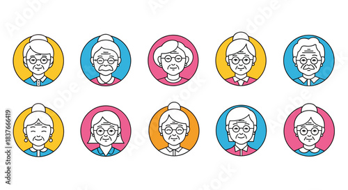 Set of ten avatar icons of friendly elderly women with gray hair and glasses in colorful circular frames for user profiles.
