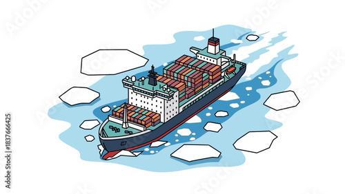 Cargo ship cutting through icy waters, filled with colorful shipping containers, leaving wake in the cold sea