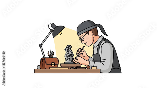 Cartoon artist chisels a statue at his desk, lit by a lamp, with his tools nearby in an illustrative style