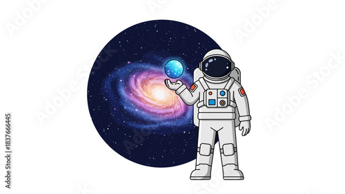 Cartoon astronaut holds a cosmic sphere before a circular galaxy backdrop, rendered in a clean, illustrative style