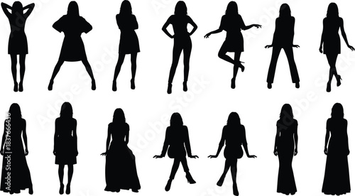 Fashionable, diverse, and elegant collection of female silhouettes posing in various dynamic and confident positions, representing modeling, style, beauty,