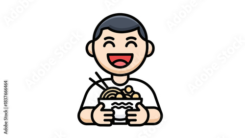 Cartoon boy cheerfully holds bowl of noodles with chopsticks, eyes squinted, mouth open in a happy smile