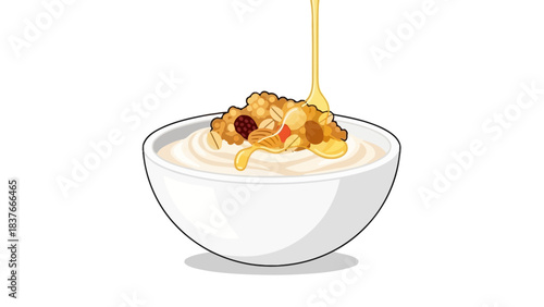 Cartoon bowl of yogurt topped with granola and drizzled with honey
