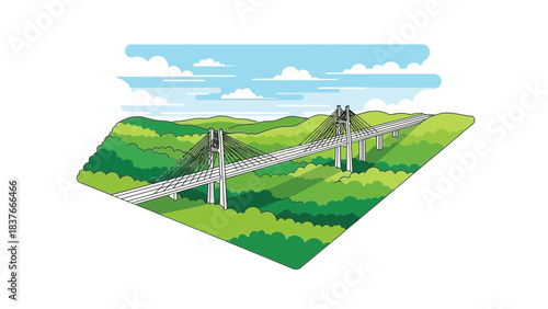 A cartoon-style vector illustration showing a suspension bridge over green hills under a blue sky with fluffy clouds