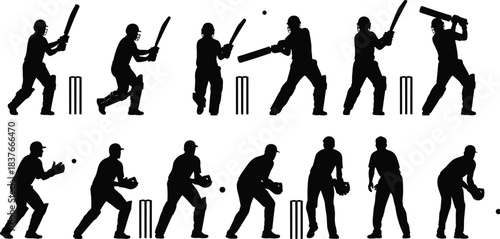 Set of black silhouette cricket players in batting, wicket-keeping, and fielding action poses, featuring batsman, wicket keeper, and fielder figures, isolated sport vector illustration on white.