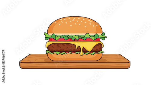 Cartoon burger with lettuce, tomato and cheese on a wood board, on white background