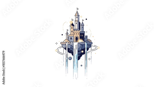 Cartoon castle atop floating island with waterfalls, simple lines and muted colors on white background