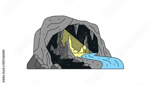 A cavern with a river, stalactites, rocks, and a spotlight, rendered in a simple cartoon style