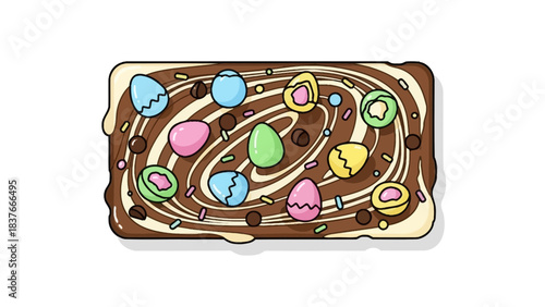 Cartoon chocolate bar with colorful eggs, sprinkles and swirls, isolated on white, from a high, overhead angle