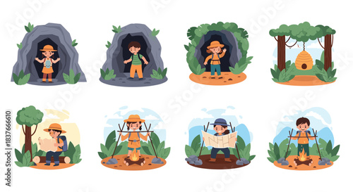 Set of kids on a camping adventure exploring caves sitting by a campfire and reading a map in the forest wilderness.
