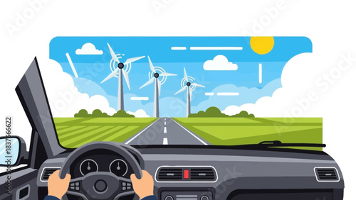Driver's view of windmills on a road through green fields on a sunny day, rendered in flat vector style