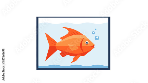 Cartoon goldfish swims in a glass tank with bubbles, set on a white background