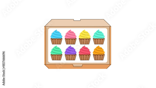 Eight colorful cupcakes are arranged neatly in a box ready for a celebration