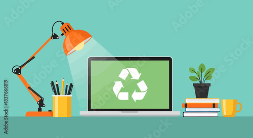Flat vector illustration of a laptop with a recycling symbol on screen, desk lamp, and potted plant on a desk, representing eco-friendly technology and sustainability